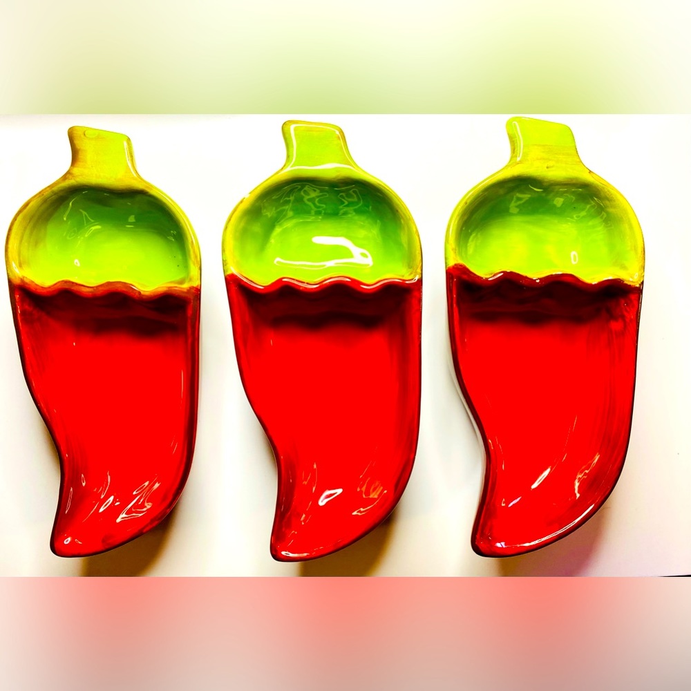 3 Pacific Island Creations Chili Pepper Ceramic Sectioned Condiment Salsa Dish